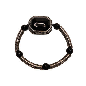 Faux Black Onyx Stone Silver Tone Filigree Stretch Beaded Bracelet 2.5 Inches